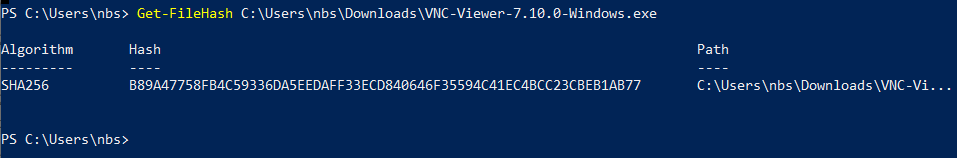 RealVNC Connect (v8) 的 SHA256 校验和(测试版)插图 Windows Checksum Output.png